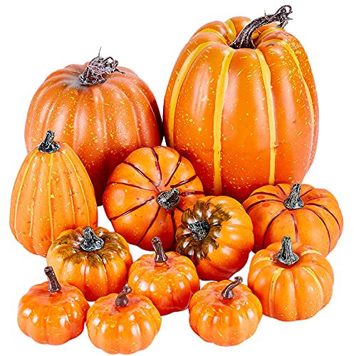 Ywlake Package of 12 Pcs Assorted Sizes Autumn Artificial Orange Pumpkins Large Faux Harvest Pumpkins for Autumn Thanksgiving Halloween Seasonal Holiday Party Decor Decoration