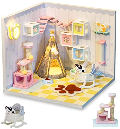 Cuteefun DIY Puppenhaus Miniatur Haus für Anfänger zum Bauen, Miniatur Puppenhaus zum Selber Bauen, Minaturen Häuser Kit mit Werkzeugen, Bastelset Häuschen Holz (Katzenhaus)