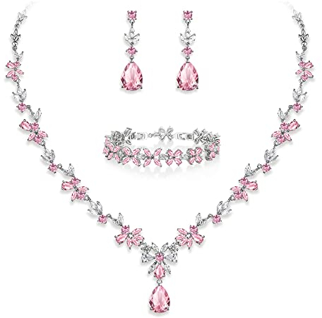 EVER FAITH Schmuck Set für Damen Hochzeit Party Cubic Zirkonia Fashion Floral Blatt Halskette,Baumeln Ohrringe und Tennis Armband Rosa Siler-Ton