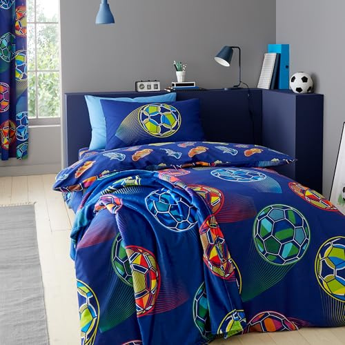 Catherine Lansfield Bright Football Reversible Single Duvet Cover Set with Pillowcase Navy Blue
