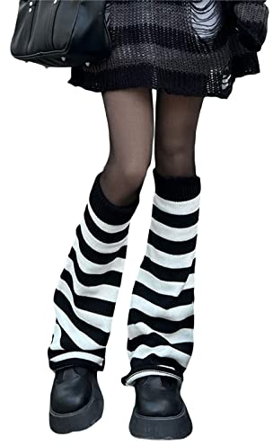 FeMereina Leg Warmers for Women 80s 90s Goth Leg Warmer Girls Kawaii Japanese Style Knit Striped Leg Warmers Y2K Leg Sleeves (Stripes - White, One Size)