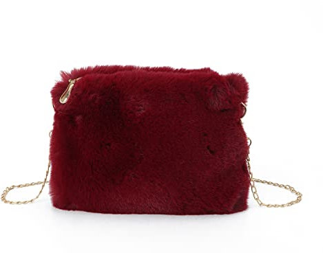 Syrads Damen Umhängetasche aus weichem Plüsch Clutch Handtasche mit Kette,Rot