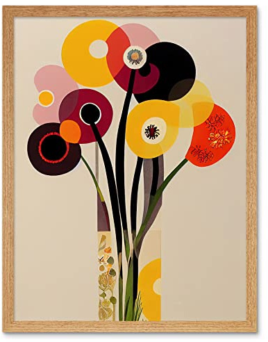Wee Blue Coo Abstract Retro Spring Summer Flowers Floral Yellow Burgundy Orange Bouquet Vase Art Print Framed Poster Wall Decor 12x16 inch
