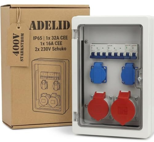ADELID Baustromverteiler Wandverteiler 1x 32A 1x 16A 5-polig CEE 2x 230V Schuko LS-Schalter 8-Module IP65