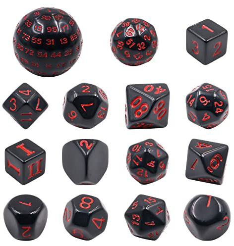 DollaTek 15-teiliges komplettes polyedrisches Würfelset D3-D100 Spielwürfelset für Rollenspiele, Tischspiele, Schwarz und Rot