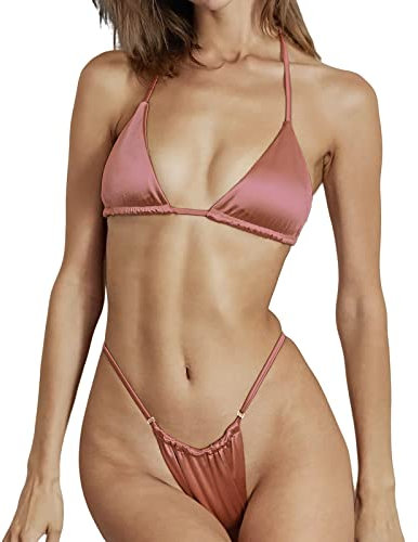 Silkglory Costume Piscina Donna, Triangle Bikini Damen Due Pezzi Push Up Scollo a V, Costume da Bagno Tanga Sexy con Lacci, Moda Rosa Glitterato - L