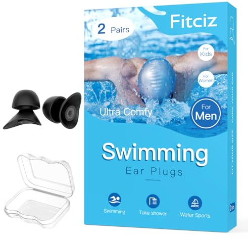 Fitciz Bouchons d'Oreille De Natation pour Adultes - Boule Quies Piscine pour Hommes Femmes - Avec Étui pour Nageurs - Confortables Imperméables (Taille Homme, 2 Paires L+M)