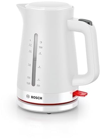 Bosch kabelloser Wasserkocher MyMoment TWK3M121, Abschaltautomatik, Überhitzungsschutz, Tassenanzeige, beidseitige Wasserstandsanzeige, entnehmbarer Kalkfilter, 1,7 L, 2400 W, Weiß matt