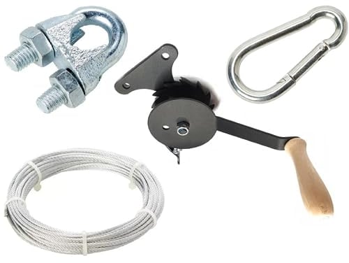 HUW - Barbecue Herd Kurbel Kit - Grillrolle - Kurbel für Grill - Seil- Kette - Einstellung der Rosthöhe - Holzgriff - 3 mm Stahl - Haspel - Karabinerhaken - Verzinktes Stahlseil - Seilklemme - Wurst