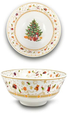 ARCA, Ciotola in Porcellana, con Decorazione Natalizia Albero di Natale con Bordo Oro, Resistente e Duratura, Ideale per la Tavola, Idea Regalo Natale, 24x9 cm