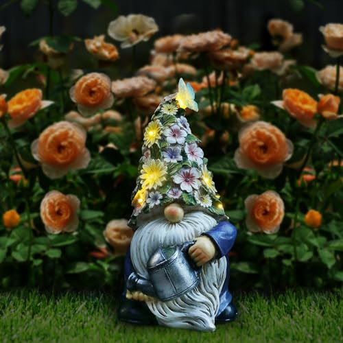 Lewondr Solar Gartenzwerg Gartendeko für Draußen, Wasserdicht Harz Zwerg Gartenfigur mit Gießkanne, Skulptur Gartendekoration mit Warm Licht Geschenk für Rasen Hof Terrasse Veranda