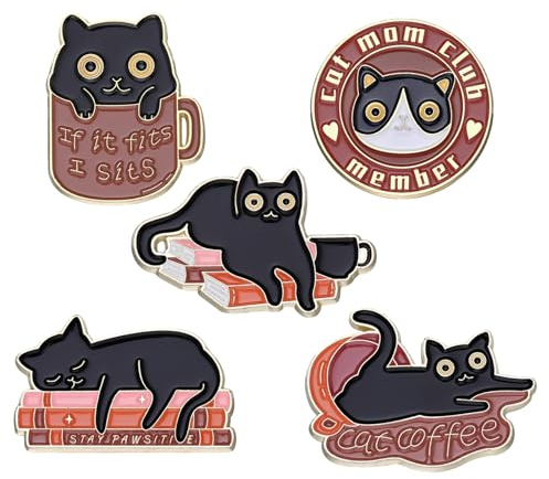 Kinretixia 5 Stück Katzenform Pin Anstecker Button Anstecknadel aus Emaille, Katze in Kaffeetasse, Kreative Emaille-Anstecknadeln, Großset, Cartoon-Buch, Anime