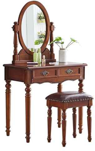 Schminktisch-Set aus Massivem Holz, Vintage Frisiertisch mit Spiegel und Hocker, Schlafzimmer Kosmetiktisch mit 2 Schubladen (Color : Rustic Brown, Size : 80x45x142cm)