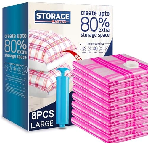 Storage Master Space Saver Bags for Travel and Home Reusable Vacuum Storage Bags Save 80% More Storage Space Work with Vacuum Cleaner + Travel Hand Pump (8 Large)