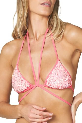 Goldenpoint Donna Costume da Bagno Mermaid con Paillettes, Parte Alta del Bikini, Triangolo Scorrevole con Imbottitura Removibile e Lacci Extralong, Colore Rosa Chiaro, Taglia 2