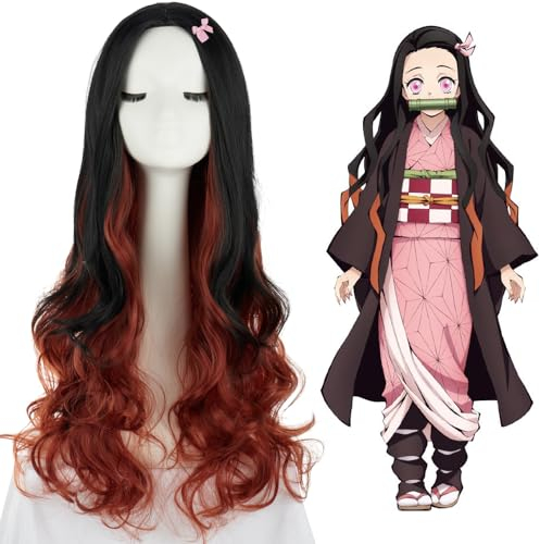 PORSMEER Kamado Nezuko Demon Slayer Cosplay Perücke, Japanische Anime Charakter Rollenspiel Haare Perücken mit Zubehör, Lange lockige Schwarz Orange Perücke für Halloween