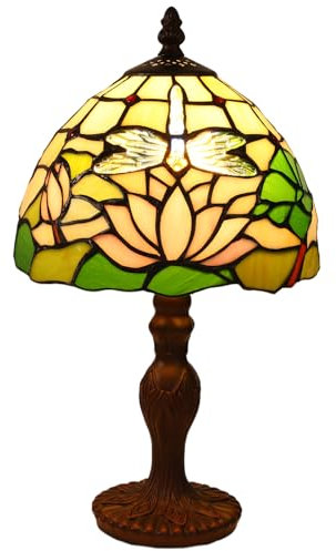 FUMAT Tiffany Tischlampe, Retro Lampe, Kleine Vintage Nachttischlampe, Deko Tischleuchte, Libelle Muster, Handcraft Bunte Glas Lampenschirm, Mit E27 LED Glühbirne, für Schlafzimmer Wohnzimmer Büro