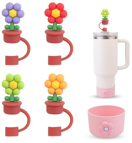 Stanley Tassen-Zubehör-Set: 4 Blumenpflanzen-Strohhalm-Abdeckkappen, 1 Silikon-Stiefel für 1,2 l und 850 ml Becher, 5 Stück