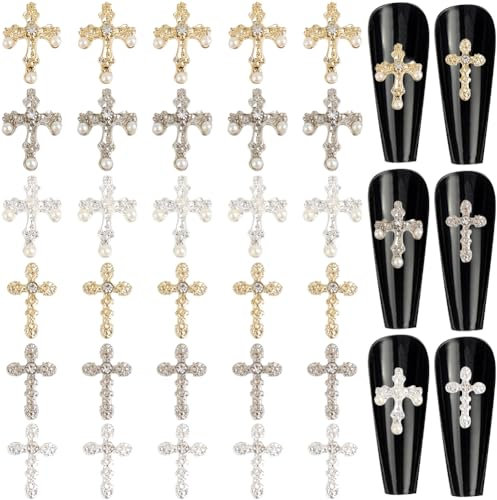 CRASPIRE 30Pcs 6 Styles Cross Nail Charms 3D Y2K Luxury Nail Gems Set Metal Alloy Rhinestone Pearl Flat Gothic Vintage Punk Studs Decor for Women Art DIY Crafts Jewelry Christmas Decor Cellphone