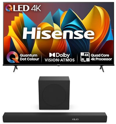 Hisense TV & Soundbar Bundle: 75E7NQTUK TV with Quantum Dot Colour, Dolby Vision Plus the HS3100 Soundbar with 480W Power, Direct Surging Sound, The Perfect Match for the ultimate Audio-Visual Experience
