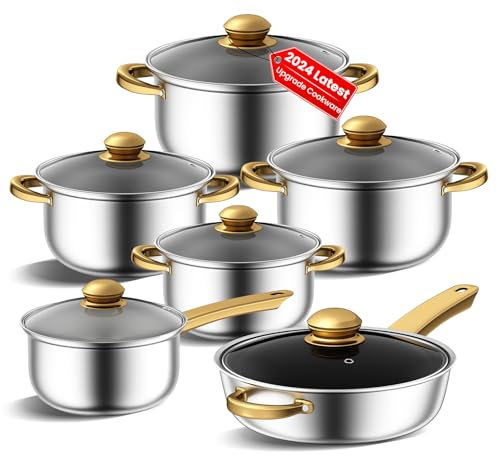 Stainless Steel pots and Pans Set, 12 Pieces Kitchen Cookware Set, Non-Toxic Cooking Set with Stay-Cool Handles,Silver & Gold,Works with Induction/Electric and Gas Cooktops (Classic Gold)