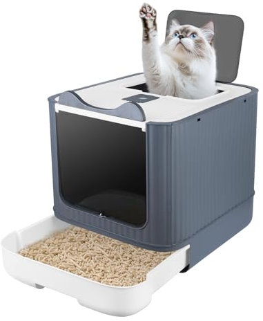 MUL-BOUTIQUE Bac Litière pour Chat Fermée, Maison de Toilette Avec Plaque de Tiroir et Pelle, Convient Aux Grands Chats et Chatons (Blanc, 44 * 36 * 34cm)