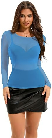 florynova Womens Mesh Tops See Through Sheer Stretchy Long Sleeve Blouse Slim Fit Shirt(Neutral Blue,M)