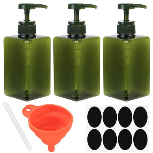 3 Pcs 450ml Pump Bottle Dispenser, Reusable Empty green Plastic Lotion Soap Dispenser Pump Bottles, Refillable Square Dispenser Bottle for Essential Oil Soap Lotion Shampoo Bathroom Kitchen Travel