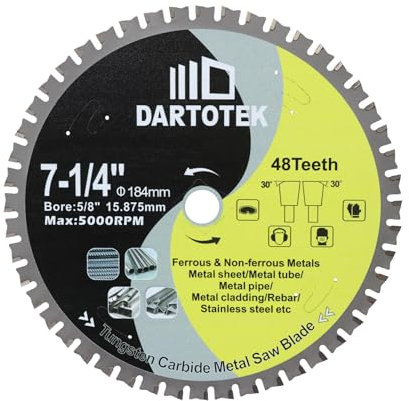 7-1/4/184mm Metal Cutting Disc, DARTOTEK Circular Saw Blade 48T,Tungsten Carbide Tipped TCT Cut Off Wheel for Steel, Stainless Steel, Ferrous Steel Pipe with 5/8 Arbor