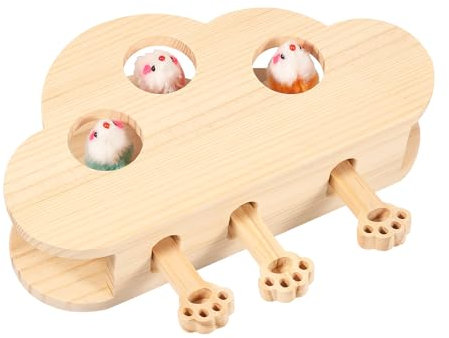 LuLobtg Wooden Interactive Cat Toys, Kittens Whack Mole Puzzle Relieve Toy, Wood Whack A Mole Cat Toy Hide and Seek Mouse Catching Game for Indoor Cat(3 hole)