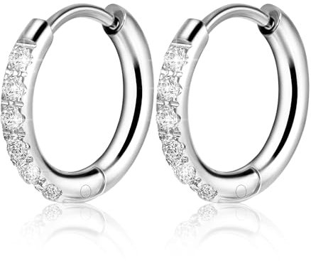 Lnngub 2 Stück/1 Paar Titan Creolen Ohrringe, Titanstahl Ohrringe für Damen und Herren Hypoallergen Hoop Ohrringe 8 mm Klein Klappcreolen mit Funkelnden Zirkonia-Diamanten (Stahlfarbe)