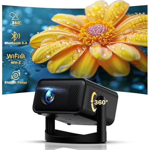 Proyector para Dormitorio, portátil, con WiFi 6 y Bluetooth, Compatible con HD 1080P, Soporte Ajustable 360°, Enfoque eléctrico y corrección Trapezoidal automática, Compatible con TV Stick, HDMI, USB