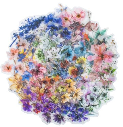 AYNKH 100 Pcs Flower Stickers, Self Adhesive Waterproof Vinyl Transparent Floral Stickers Set for Scrapbooking, Handmade Flowers Aesthetic Stickers for Scrapbooking, Craft, Journaling, Laptop
