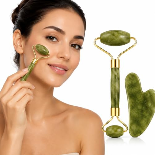 Jade Roller & Gua Sha Set – 100% Echter Jadestein – Gesichtsmassage zur Hautstraffung & Entspannung – Kühlend gegen Augenringe & Schwellungen