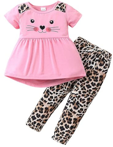 Ensembles été Enfant Fille Pas Cher Chic Mignon Vêtements Fille Tee Shirt Tunique Manche Courte Et Pantalon Léopard Confortable Habillée a la Mode Casual Vacances 1-6 ans (Red, 5-6 Years)