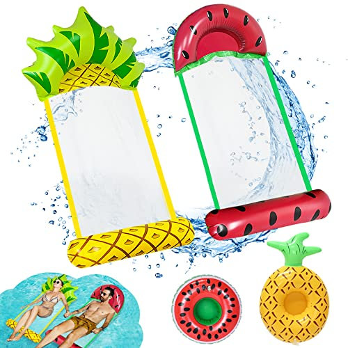 colmanda 2Pcs Hamac Gonflable Piscine, Pliable Hamac d'eau Gonflable, Pastèque et Ananas Hamac d'eau avec 2Pcs Porte-Gobelet Flottant, Hamac de Piscine Flottant Chaise pour Plage Partie Vacances