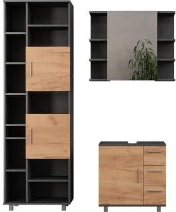 Vicco Badmöbel-Set Ilias, Anthrazit/Goldkraft Eiche 60.2 cm | besteht aus Waschbeckenunterschrank, Spiegelschrank und Hochschrank