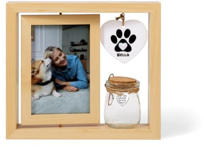 Personalisierbarer Gedenk-Bilderrahmen für Haustiere, mit Glasflasche für Asche/Tierhaare, individuelles Foto und Namen, Holz-Katze, Hund, Gedenkgeschenk für Hundeverlust, Beileidsgeschenk