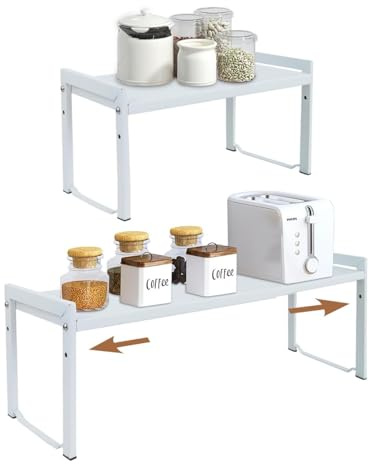 Erweiterbares Schrankregal,64.5 cm,stapelbarer Küchenthekenregal-Organizer,Küchengewürzregal,Speisekammerregal,verstellbarer Schrank-Organizer,Aufbewahrungsregal für Küche und Büro(2er-Pack weiß S)