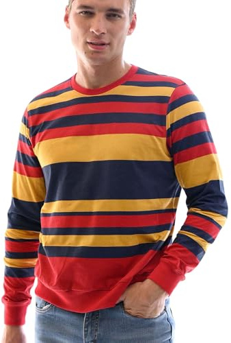 Enorsia Mens Classic Stripe Print Sweatshirt – Crew Neck Pullover with Long Sleeves, Solid Ribbed Cuffs & Hem – Soft Touch Terry Fabric Casual & Fashion Wear (XL, Red)