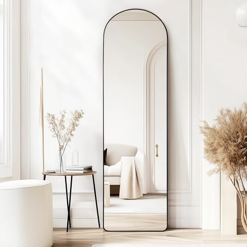 CROWNSHOP Full Length Mirrors 160x50cm Free Standing Arched Aluminium Alloy Tempered Glass Floor Mirror Wall Full Body Large Hanging Mirror For Hallway, Living Room, Bedroom (160x50cm-Black)