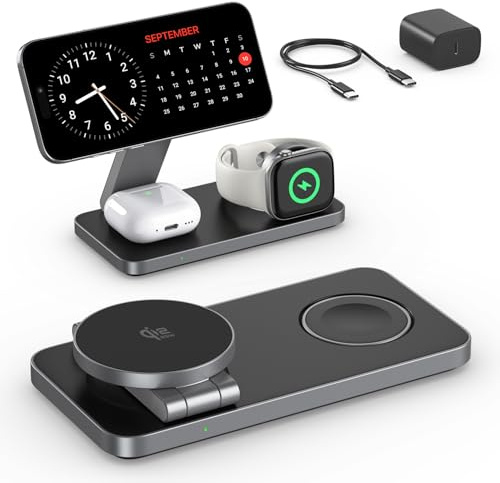 Qi2 25W kabelloses Ladegerät mit Mag-Safe, Faltbare 3-in-1 Ladestation für iPhone 17e/17/16/15/14/13/12/Air, Apple Watch und Air-Pods Pro mit 30W Adapter-schwarz