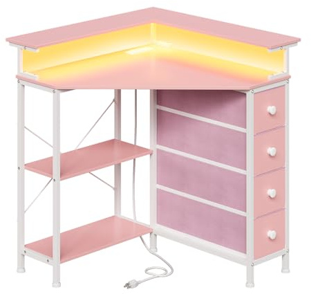 VENNQD Corner Desk with Drawers Shelves for Small Space 90 Degrees Triangle Computer Desk with Power Outlets,Gaming Desk with LED Lights Monitor Stand for Home Office Workstation Writing Table (Pink)