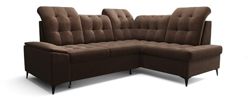 O-Sofa Ecksofa Kongo RBN16, Eckcouch in L-Form mit Schlaffunktion, Farbe: Dunkelbraun, Velourstoff, Ottomane Rechts