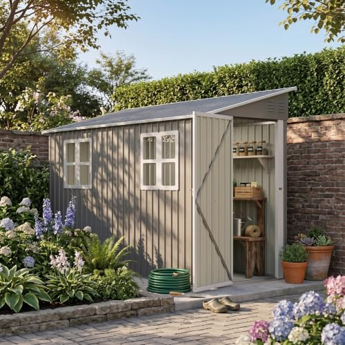 4x10 Fuß Metallschuppen Gerätehaus mit Boden-Kit – Schwerlast Gartenschuppen mit Pultdach, Doppeltür (Links/rechts montierbar), 2 Fenstern & Belüftung – Stabiler Geräteschuppen