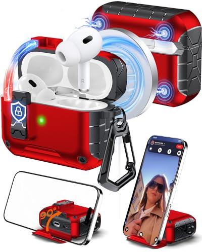 Chicfun Hülle für AirPods Pro 1/2 mit Stand & Karabiner, kompatibel mit MagSafe, [Auto-Mag Lock 1s Öffnung] Militärschutz Vollhülle mit Schloss