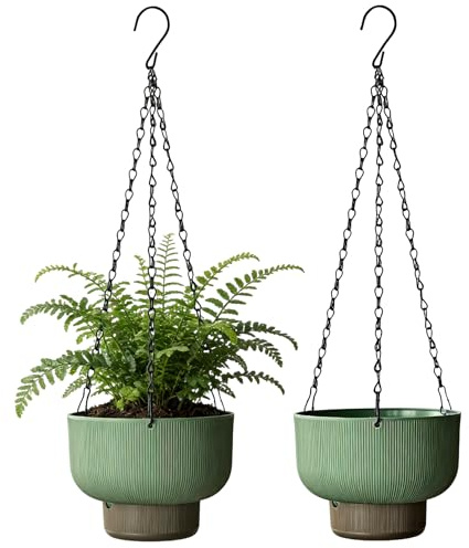 YuanDiann Hängende Blumentöpfe Selbstbewässernder, Innen Außen Hängetopf aus Kunststoff mit Wasserspeicher, Garten Hängepflanzer Pflanzgefäßn Grün 2er Set 16CM
