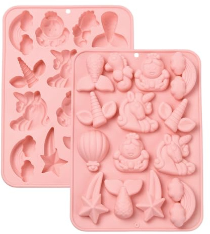 Stiesy 2Pcs Unicorn Silicone Moulds Reusable Star Rainbow Chocolate Mould Meteor Mermaid Tail Candy Molds for Baking Fondant Cake DIY Soap Pudding Party Snacks Treats