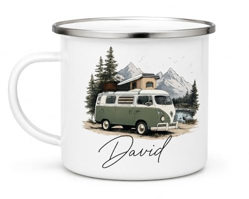 Vacso Trading Personalised Camping Enamel Mug – Custom Caravan & Campervan Mug – Personalised Outdoor Mug for Camping, Motorhome & Caravan Holidays (Camper Van Enamel Mug)