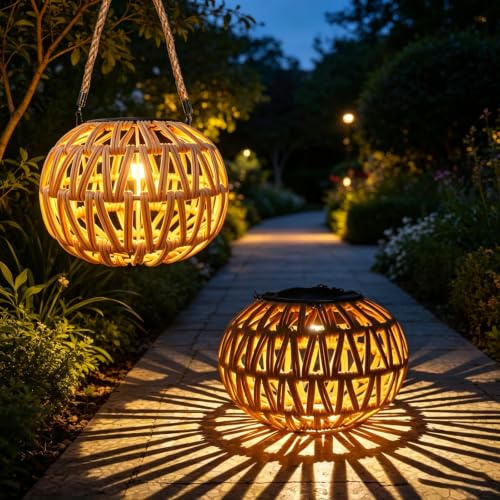 Farolillos Solares Exterior,2 Piezas Faroles Solares Colgantes,Linterna Solar Exterior,Linternas de Jardín de Ratán Colgantes,IP65 Impermeable Luz Solar de Ratán,para Jardín,Terraza,Césped